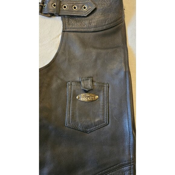 Joe Rocket Mens Black Leather Chaps Medium Open Back Pant 28"-32" Waist - Picture 4 of 13